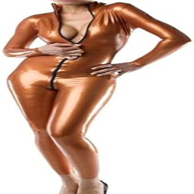 Glossy Metallic Bronze Long-Sleeve Latex Catsuit for Women, 100% Handmade Latex, Red, XS