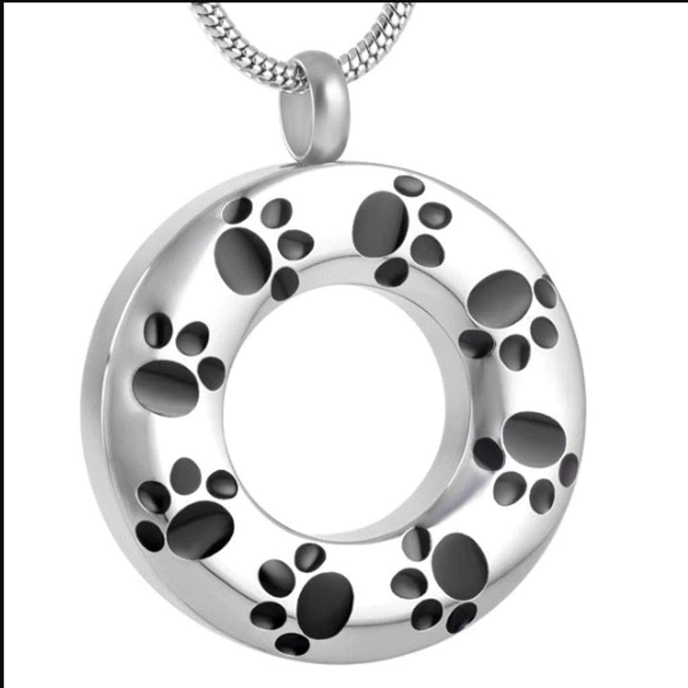 NOBRIM Silver Pet Ash Memorial Necklace Urn with Black Paw Print