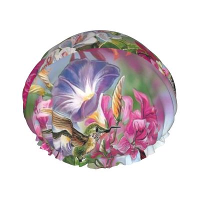 Floral Hummingbirds Reusable Waterproof Washable Adjustable Shower Cap for Women with All Hair Lengths
