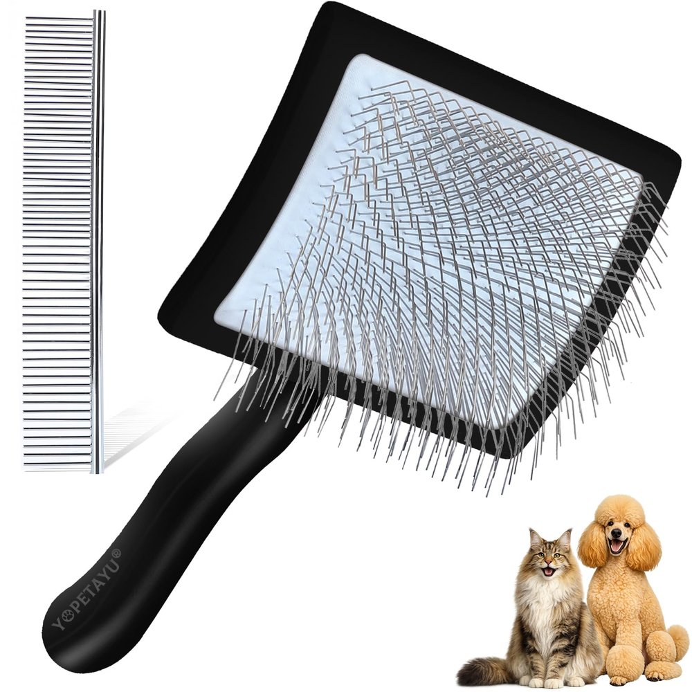 YOPETAYU Professional Slicker Brush Set with Comb for Long-Haired Dogs and Cats, 25 mm Bristles, Black