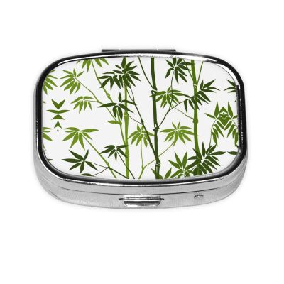 Square Pill Box with Green Bamboo Print, Pill Organizer for Cod Liver Oil and Vitamins
