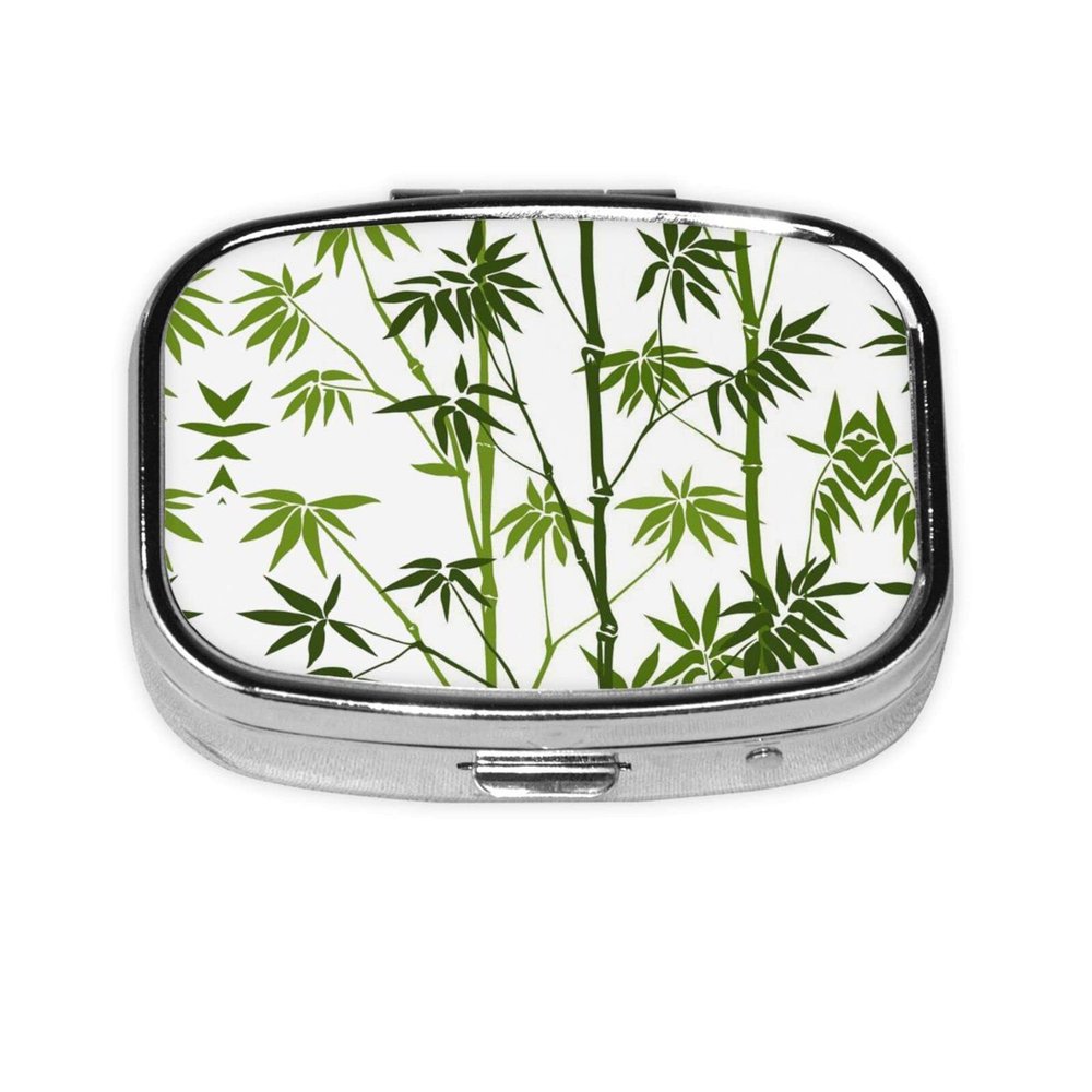 Square Pill Box with Green Bamboo Print, Pill Organizer for Cod Liver Oil and Vitamins