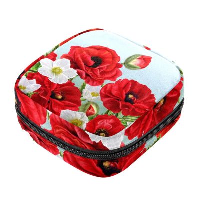 Women's Sanitary Pad Storage Bag, Large-Capacity Travel and Makeup Organizer, Red Poppy Floral Pattern