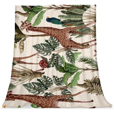 Plush Microfiber Blanket, Warm and Cozy, Tropical Jungle Giraffes, Parrots and Banana Trees