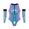 CHICTRY Women's Metallic Holographic PU Leather Catsuit with Stand Collar view 4