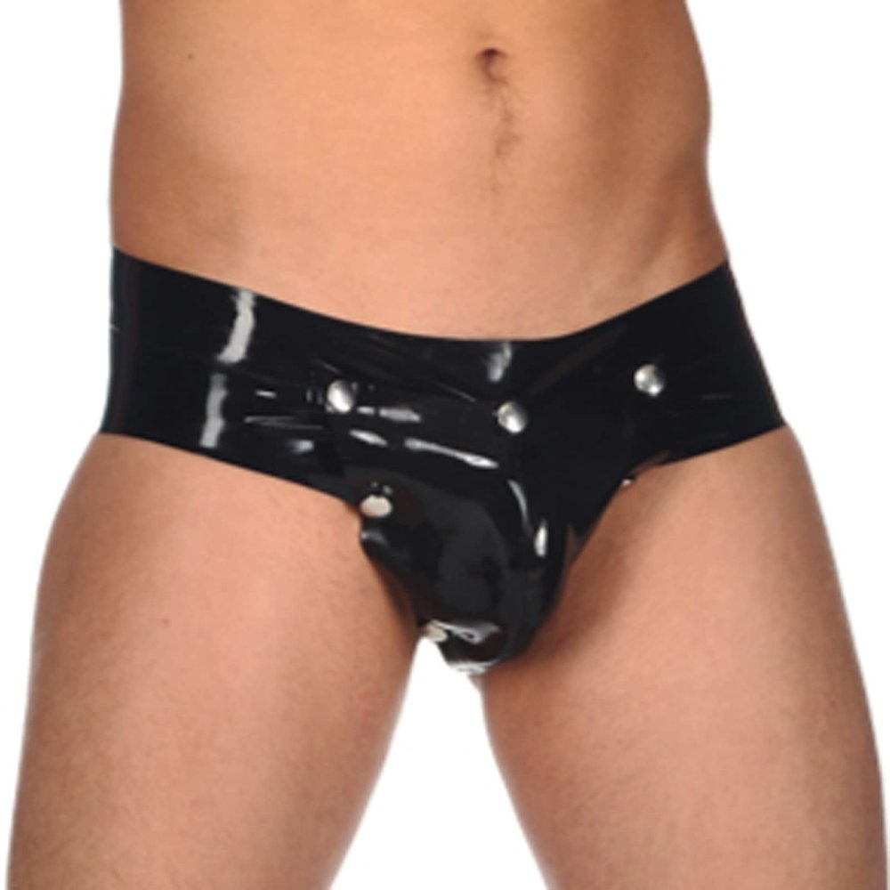 Black Latex Underwear with Front Openings, Tail and Buttons, Size L