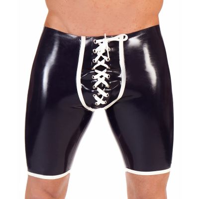 Women’s Sexy Black Latex Boxer Shorts with Front Lacing, Black and White, L