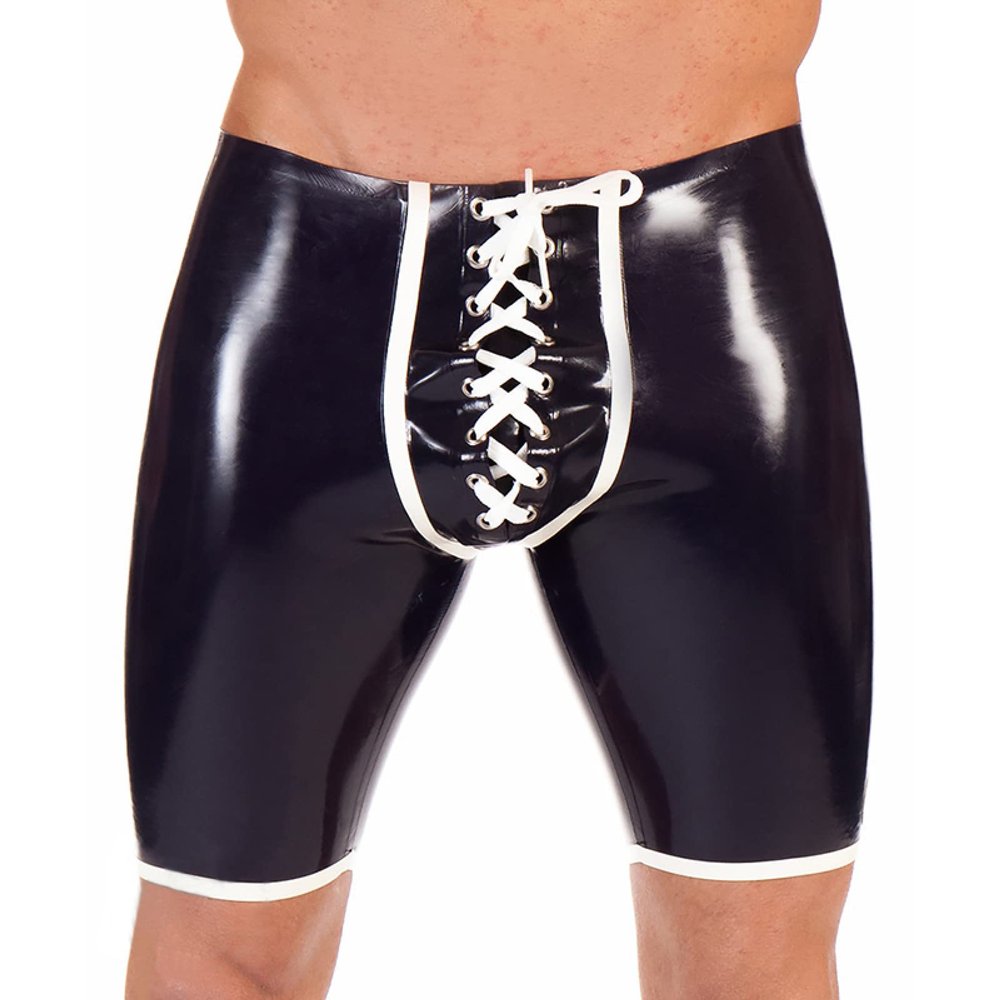 Women’s Sexy Black Latex Boxer Shorts with Front Lacing, Black and White, L