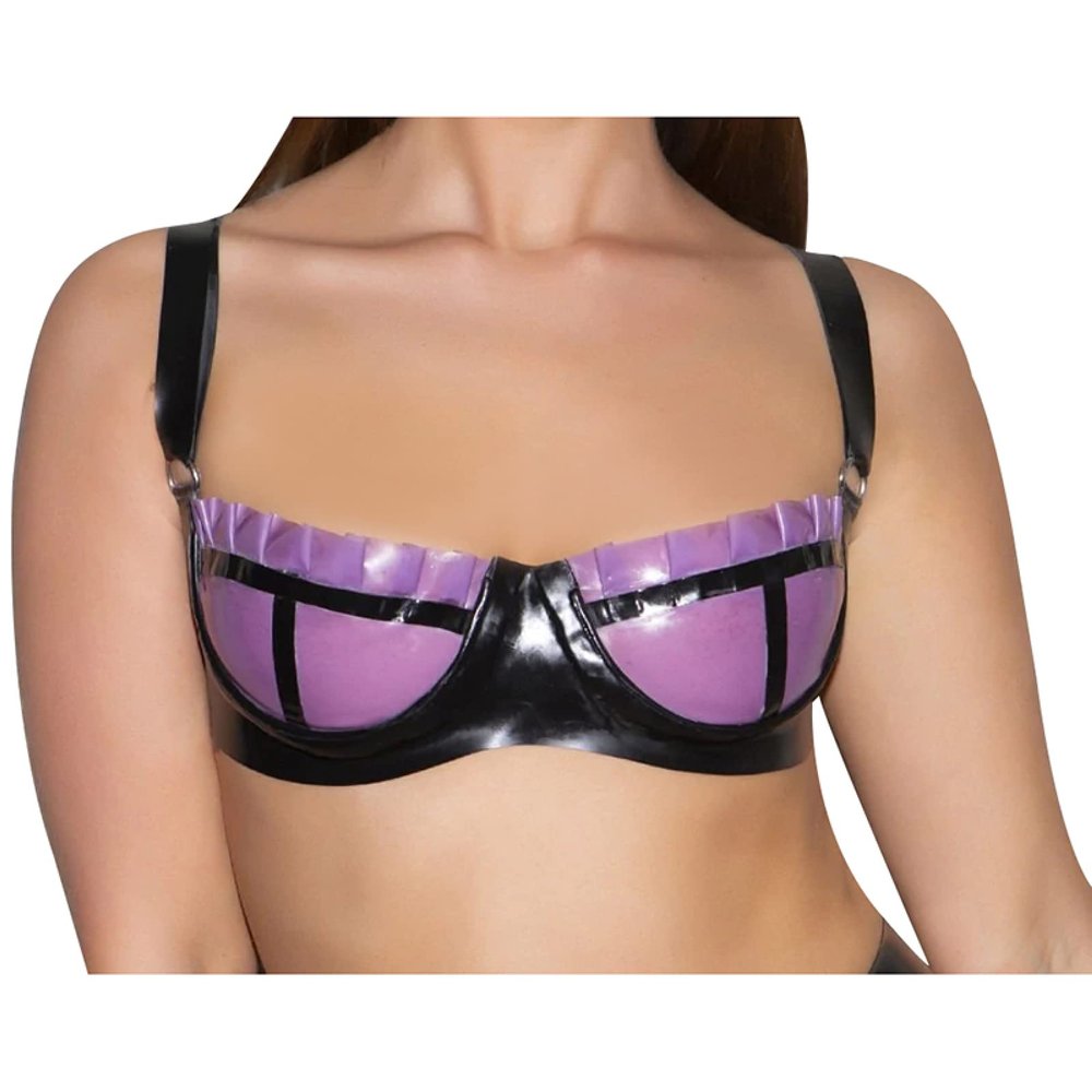 Transparent Purple and Black Latex Bra with Ruffles and Back Buttons, Black with Transparent Purple, Size 36