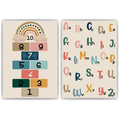 Tigerlino ABC Children's Poster Alphabet 2-Piece Set, Educational Posters with Letters & Numbers | Kids' Room Wall Art for Kindergarten & Elementary School (DIN A4)