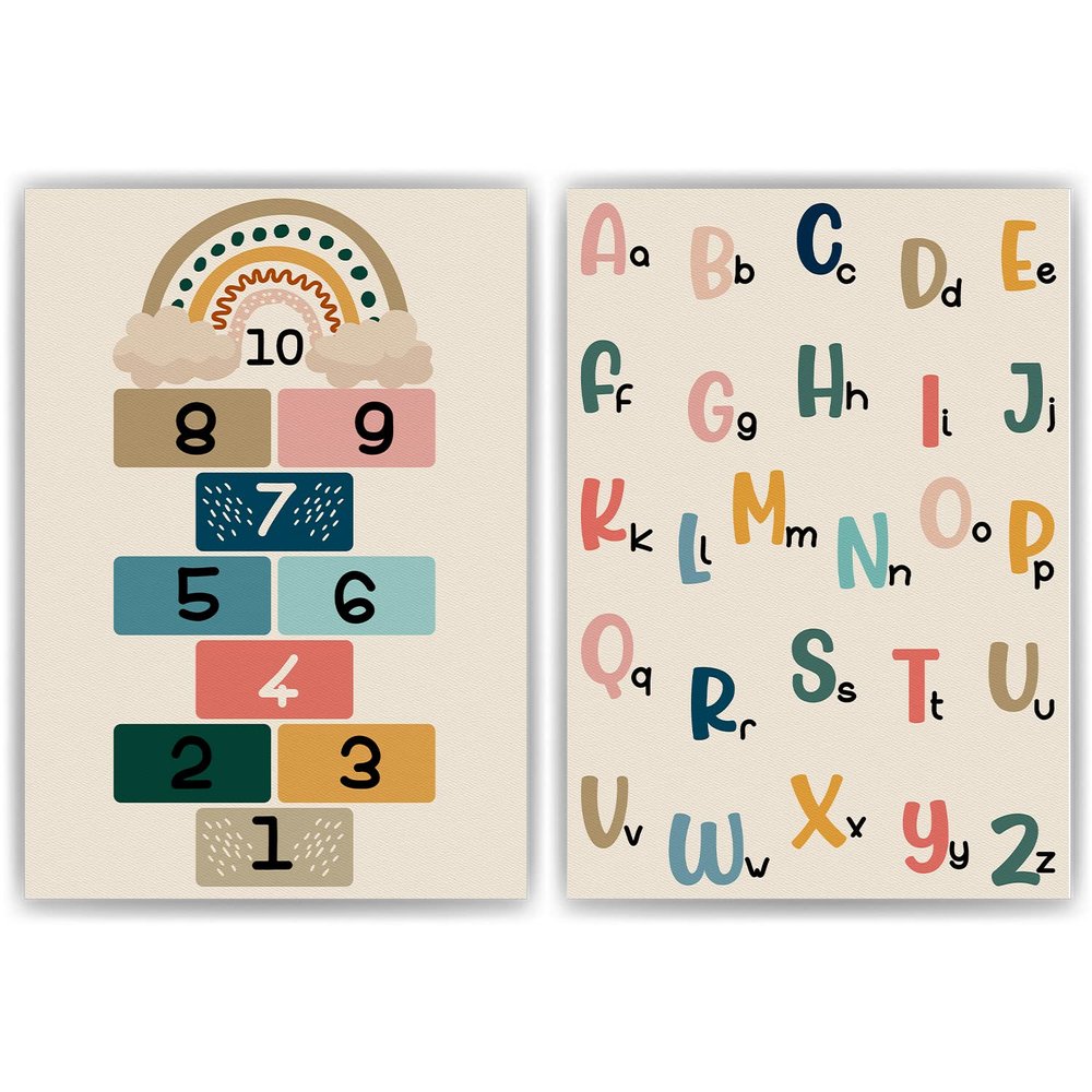 Tigerlino ABC Children's Poster Alphabet 2-Piece Set, Educational Posters with Letters & Numbers | Kids' Room Wall Art for Kindergarten & Elementary School (DIN A4)