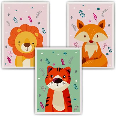 Tigerlino 3-Piece Set of Children's Posters: Tiger, Fox and Lion, Nursery Wall Art (DIN A4)