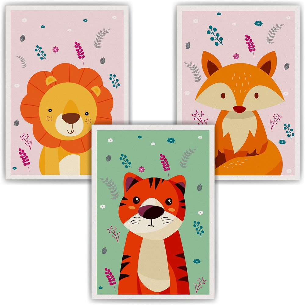 Tigerlino 3-Piece Set of Children's Posters: Tiger, Fox and Lion, Nursery Wall Art (DIN A4)