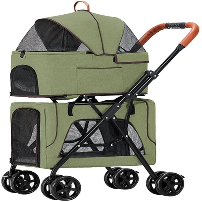 Double-Layer Pet Stroller for Two or More Dogs and Cats, Foldable, Removable, Green