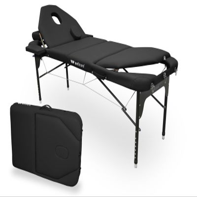 WELLCORE Aluminum Folding Massage Table, Double Backrest, 185 x 65 cm, Black
