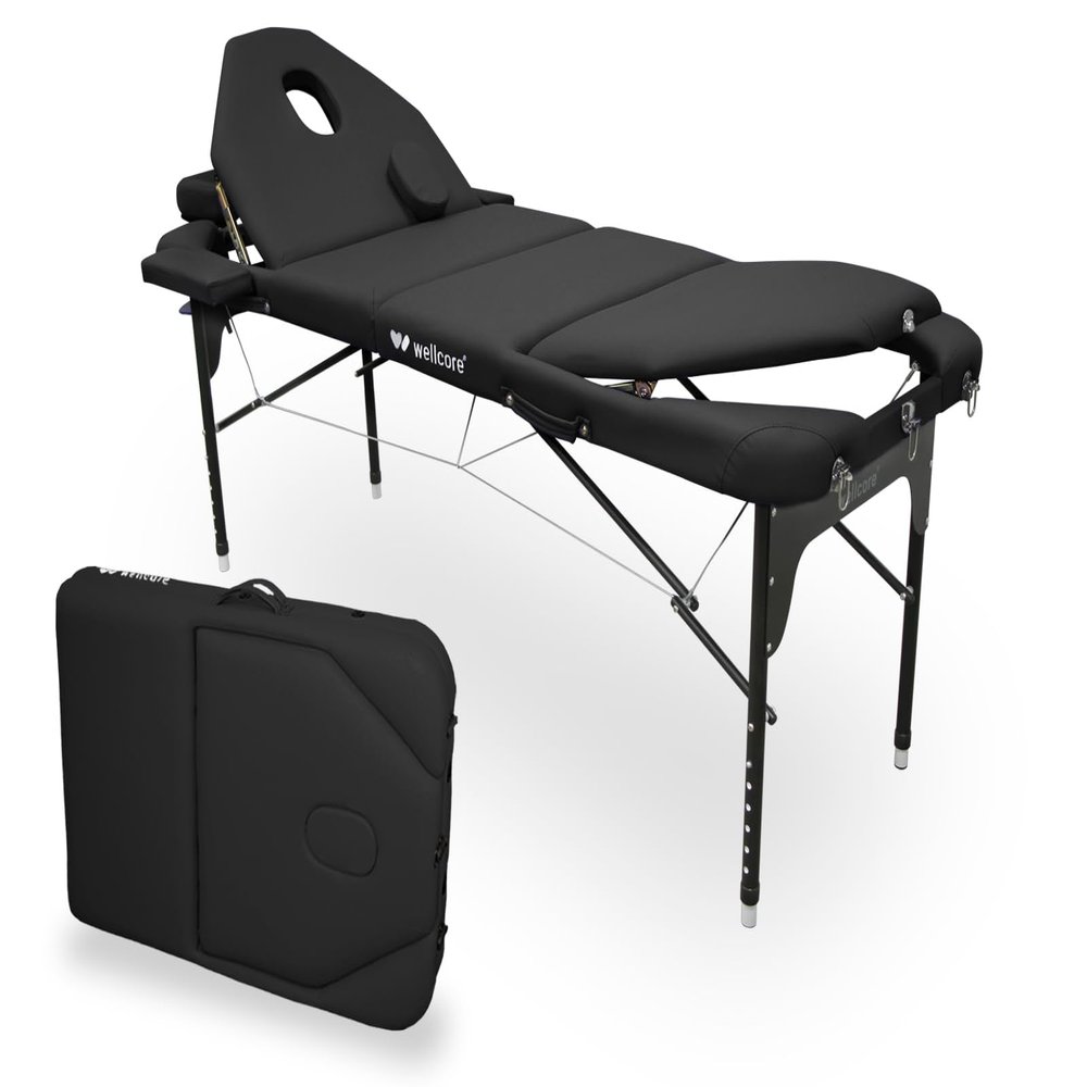WELLCORE Aluminum Folding Massage Table, Double Backrest, 185 x 65 cm, Black