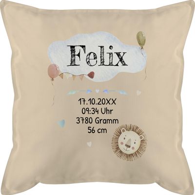 Personalized Baby Pillow 50 x 50 cm – Lion Design, Name and Birth Details, Beige/Natural