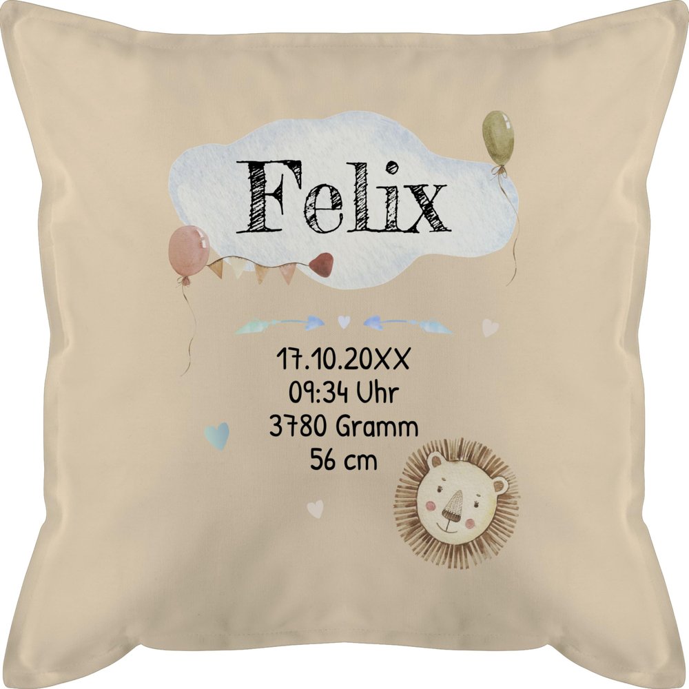 Personalized Baby Pillow 50 x 50 cm – Lion Design, Name and Birth Details, Beige/Natural