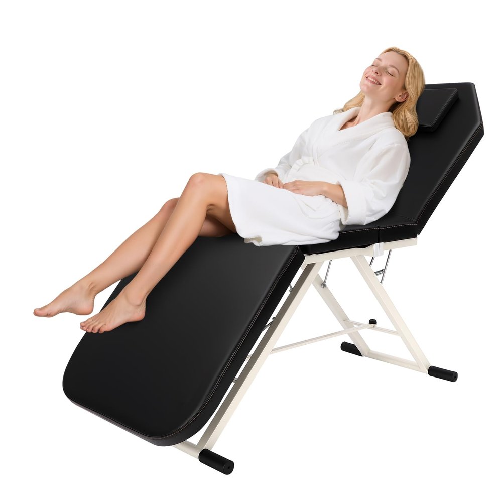 FUROMG Foldable Massage Table, Portable Spa Beauty Bed, Adjustable PVC Massage Table, Black