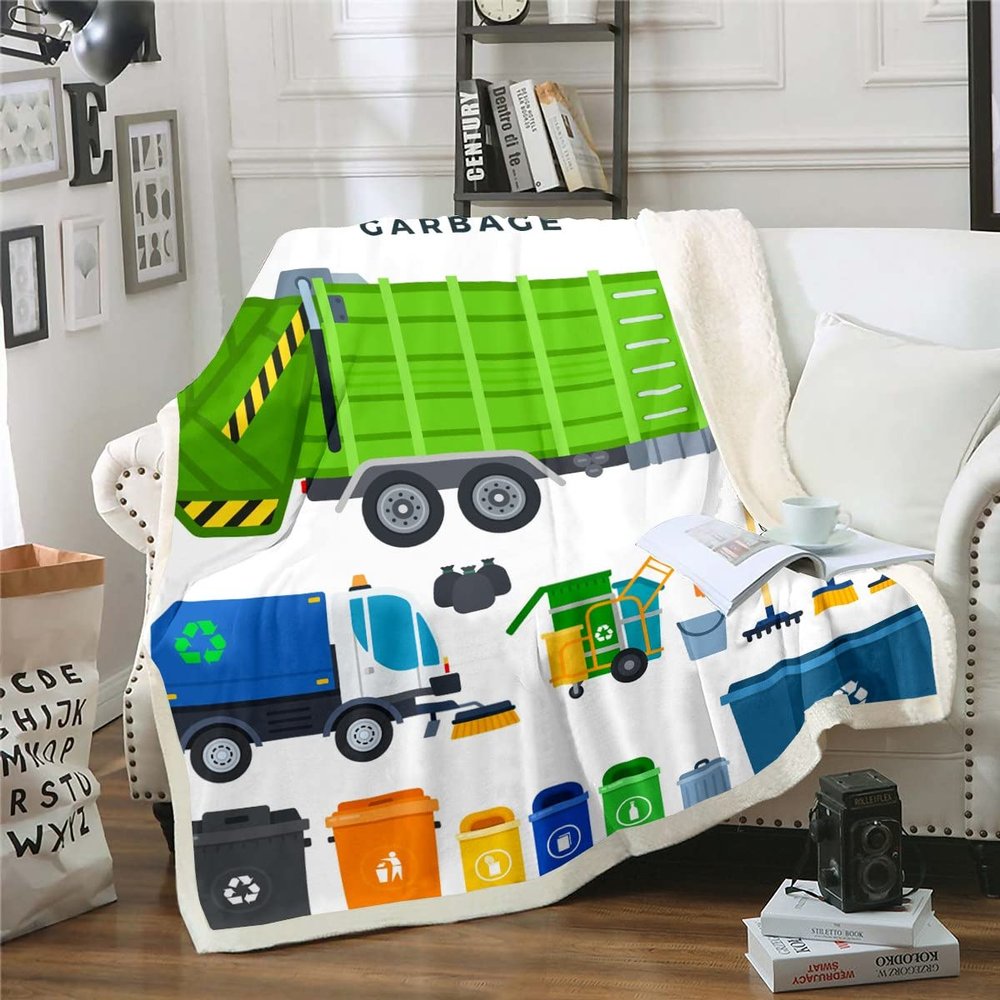 Homewish Children's Garbage Truck Blanket 100 x 130 cm, Green Truck Fleece Throw