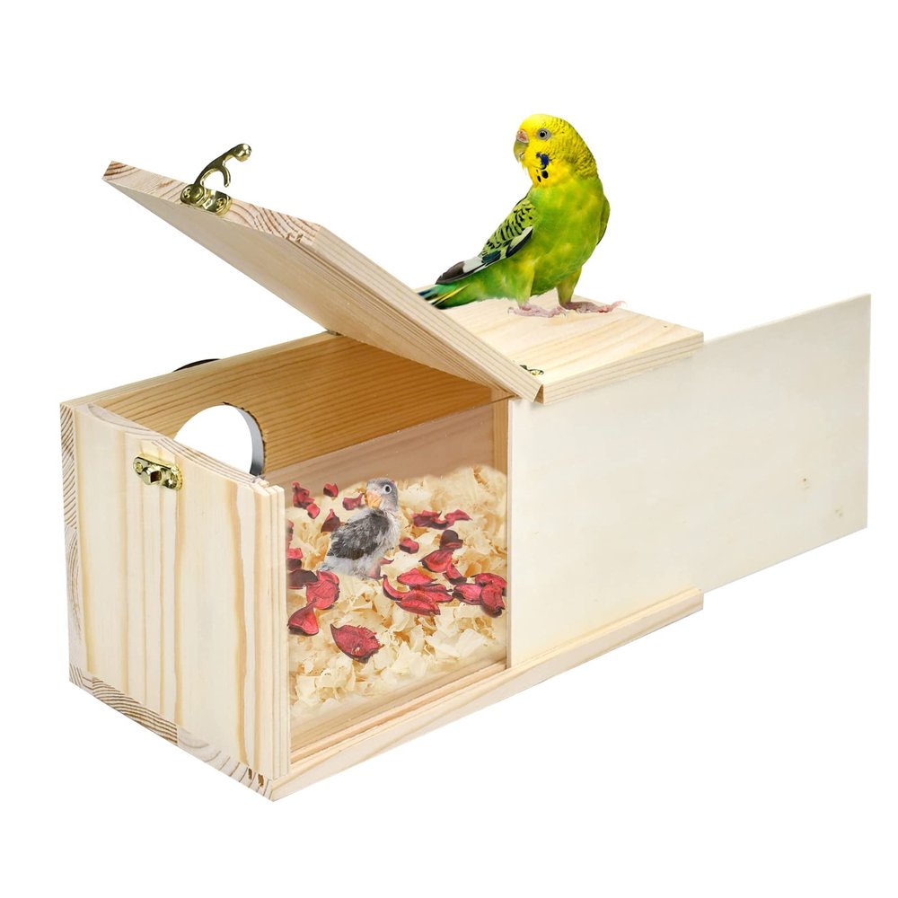 Vehomy Parrot Breeding Box, Wooden Bird Nest Box with Transparent Acrylic Window and Removable Cover