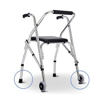 Two-Button Folding Walker with Wheels, Lightweight Height-Adjustable Aluminum, Black