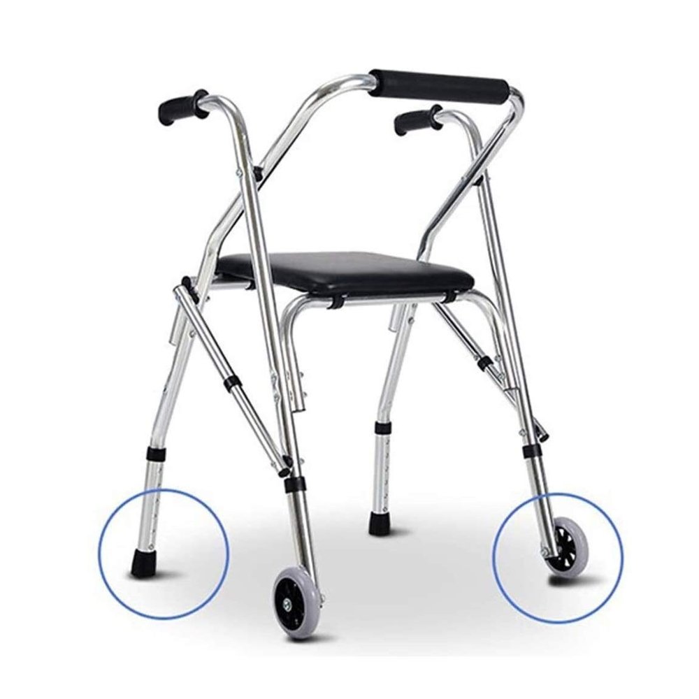 Two-Button Folding Walker with Wheels, Lightweight Height-Adjustable Aluminum, Black