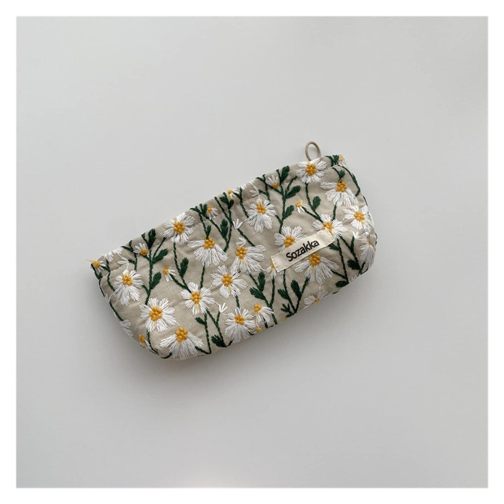PURRL Women's Cosmetic Bag, Embroidered Daisies, Korean Travel Toiletry Bag, Canvas Makeup Case Organizer Pencil Pouch (Color: S beige)