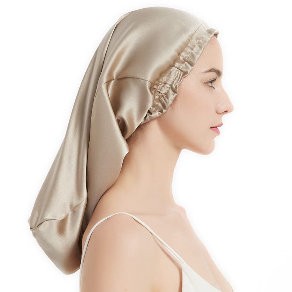 NALEINING 2-Pack 100% Mulberry Silk Sleep Caps, Long, Elastic, Breathable, Apricot (01)