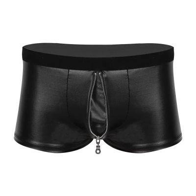 Men’s Wet-Look Leather-Look Boxer Shorts with Zipper, Black, M