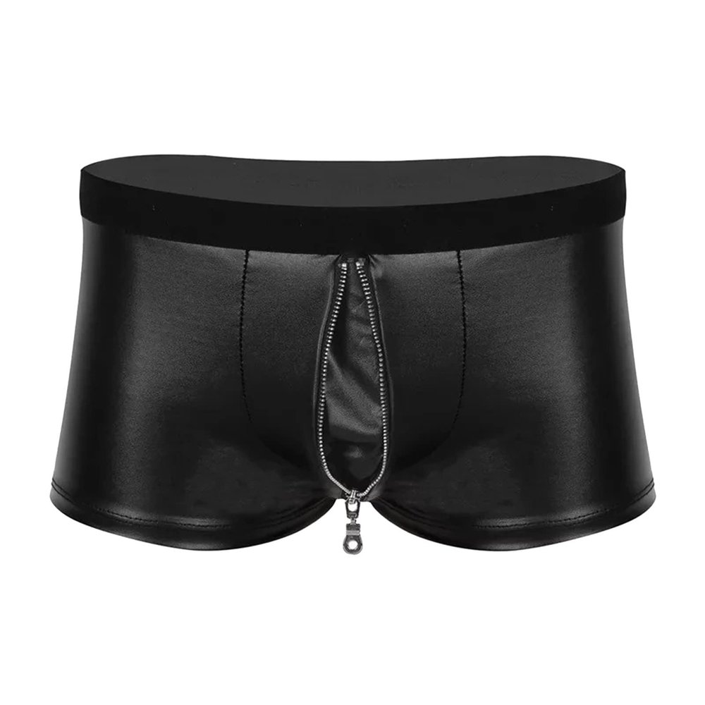 Men’s Wet-Look Leather-Look Boxer Shorts with Zipper, Black, M