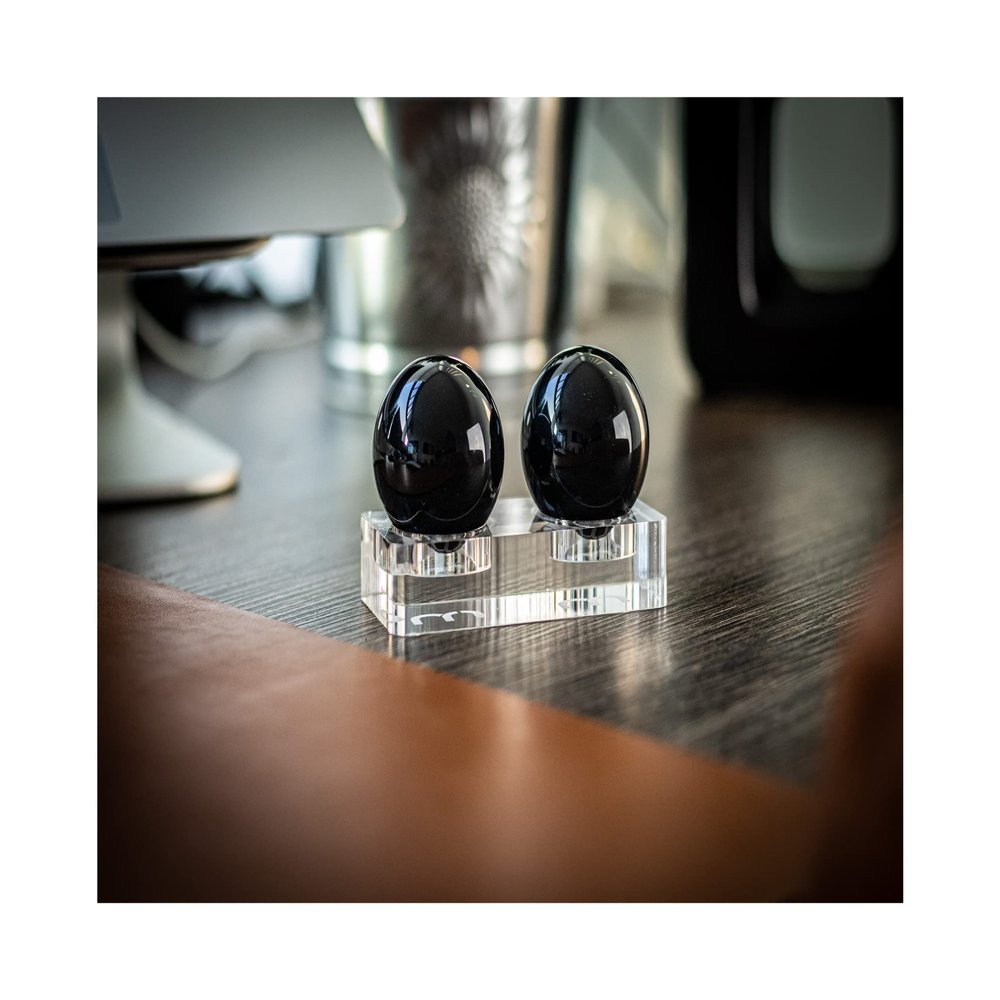 Two Elegant Round Balls Black 43 mm for Hand Relaxation on Acrylic Holder - Qi Gong Hand Massagers