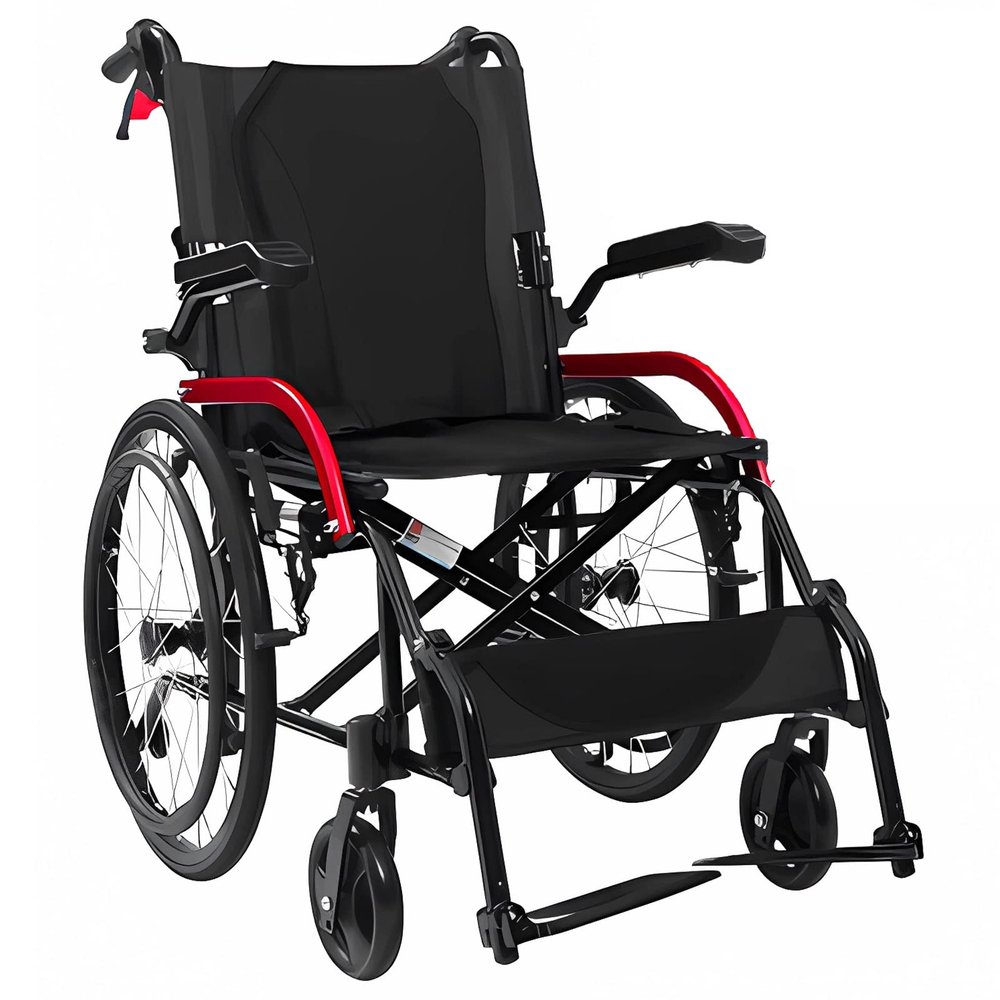 Bueuwe Foldable Lightweight Active Wheelchair, Self-Propelled, 46 cm Seat Width, Black Aluminum, Low Backrest