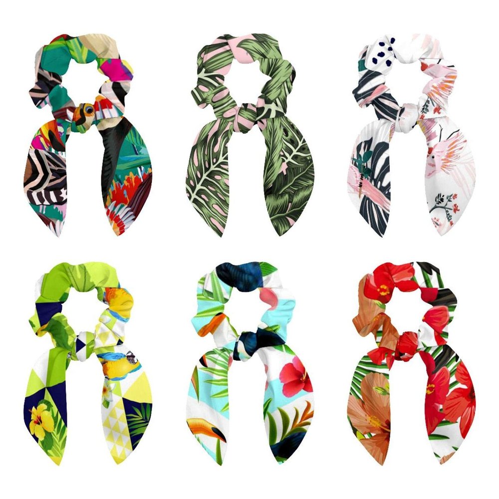 6-Piece Parrot & Palm Leaf Scarf Scrunchies with Bows