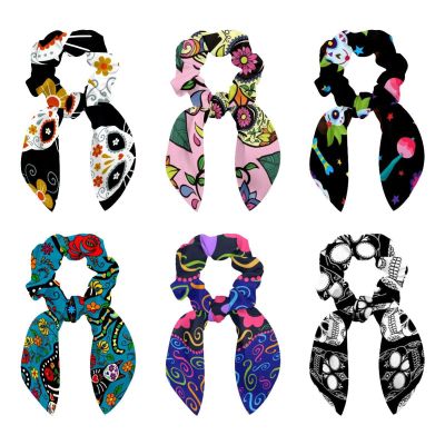 6-Piece Sugar Skull Flower Hair Scarf Scrunchies with Bows