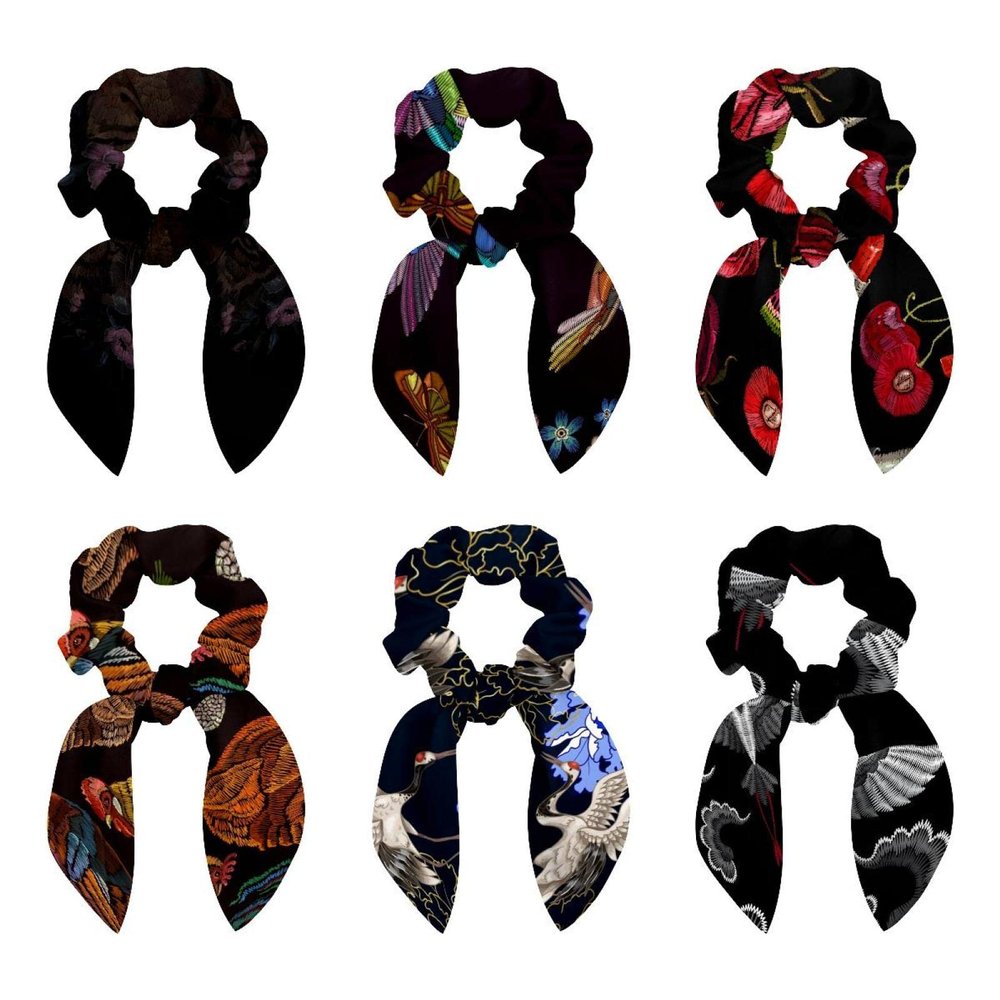 6-Piece Hummingbird and Tropical Flower Embroidered Scarf Scrunchies with Bows