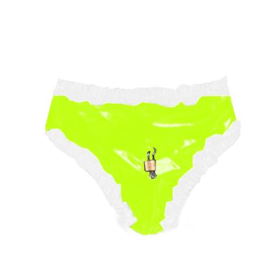 Women's Wet-Look PVC Latex Panties, Faux Leather Shorts with Lock, Fluorescent Green, XL