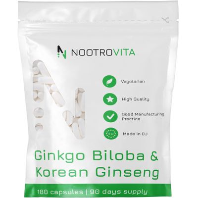 High-Dose Ginkgo Biloba + Ginseng, 180 Capsules – Premium Ginkgo Biloba Extract and Korean Red Panax Ginseng | Vegan, Allergen-Free and Gluten-Free | Nootrovita