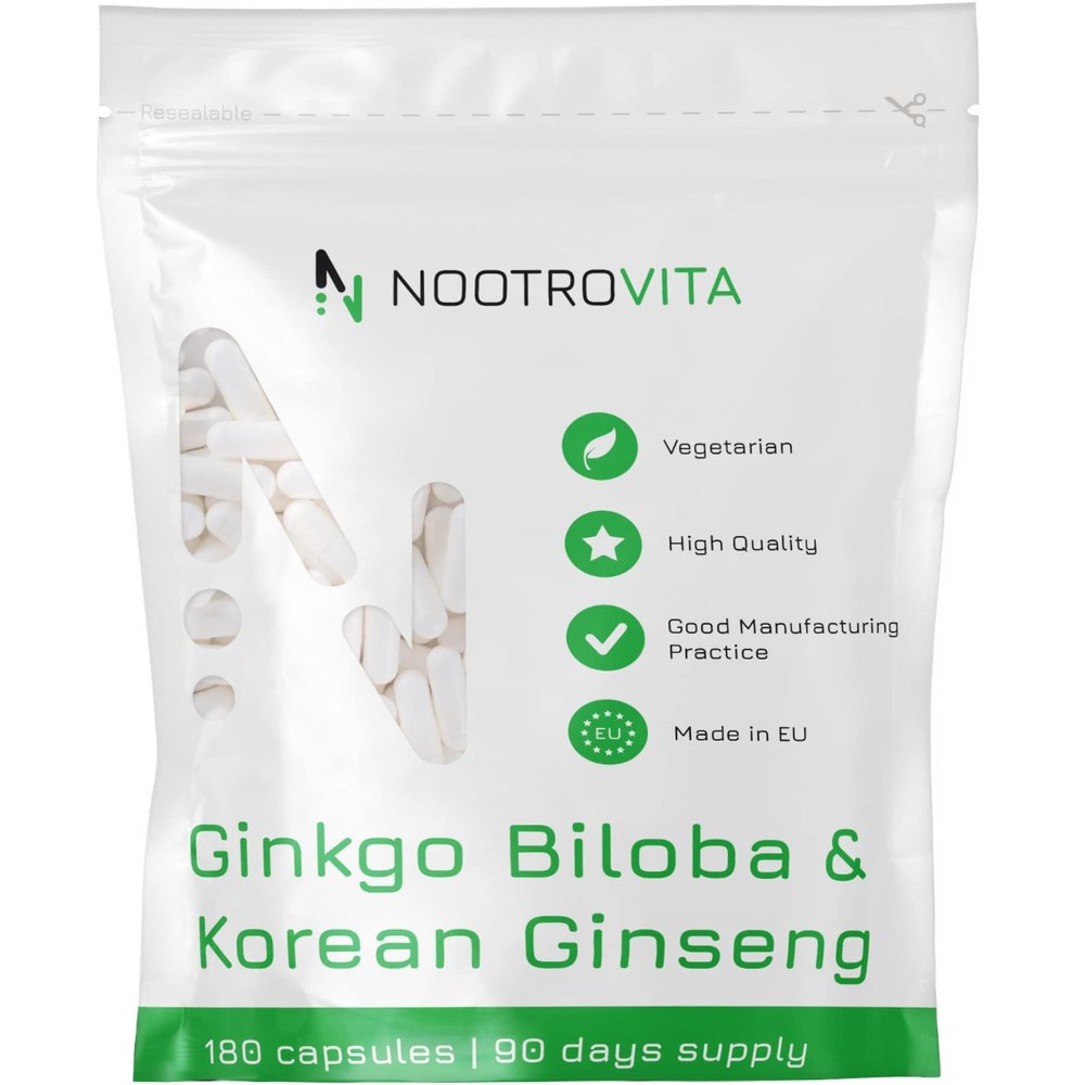 High-Dose Ginkgo Biloba + Ginseng, 180 Capsules – Premium Ginkgo Biloba Extract and Korean Red Panax Ginseng | Vegan, Allergen-Free and Gluten-Free | Nootrovita