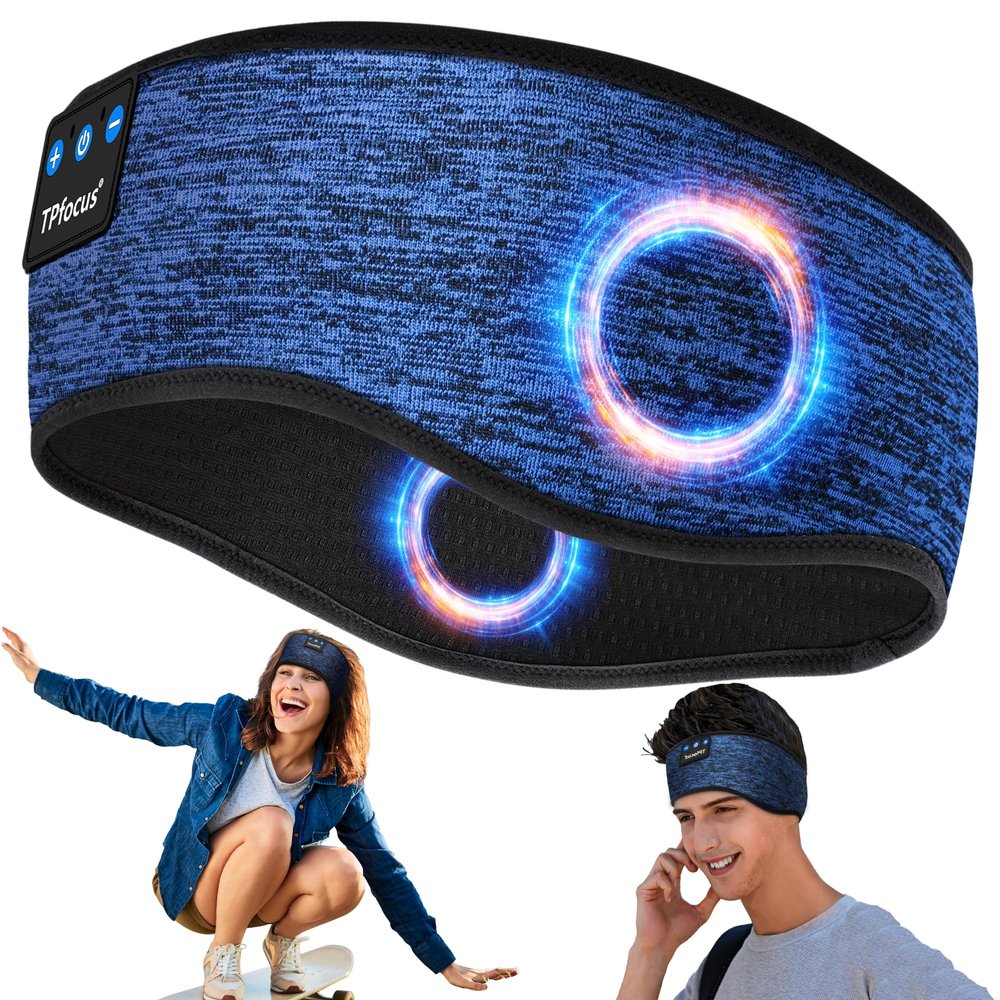 TPfocus Bluetooth 5.2 Sleep Headband with HD Stereo Speakers, Rechargeable, Blue