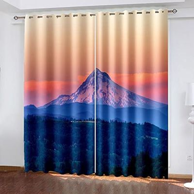 Blackout Curtain with Grommets, Sound-Reducing Polyester 3D Print, Sunset Snowy Mountain, 220 W x 215 H cm