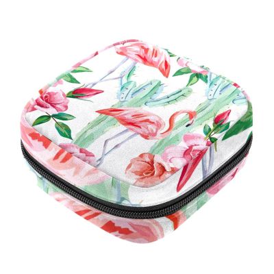 Pink Flamingo Cactus Rose Floral Menstrual Pad Storage Bag with Zipper