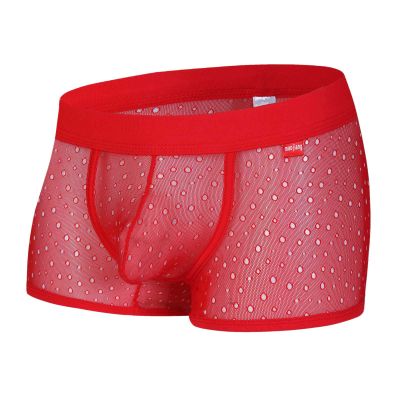 Men's Mesh Boxer Briefs, Sheer Sexy Underwear, Soft Thong, Party Clubwear, Red, S
