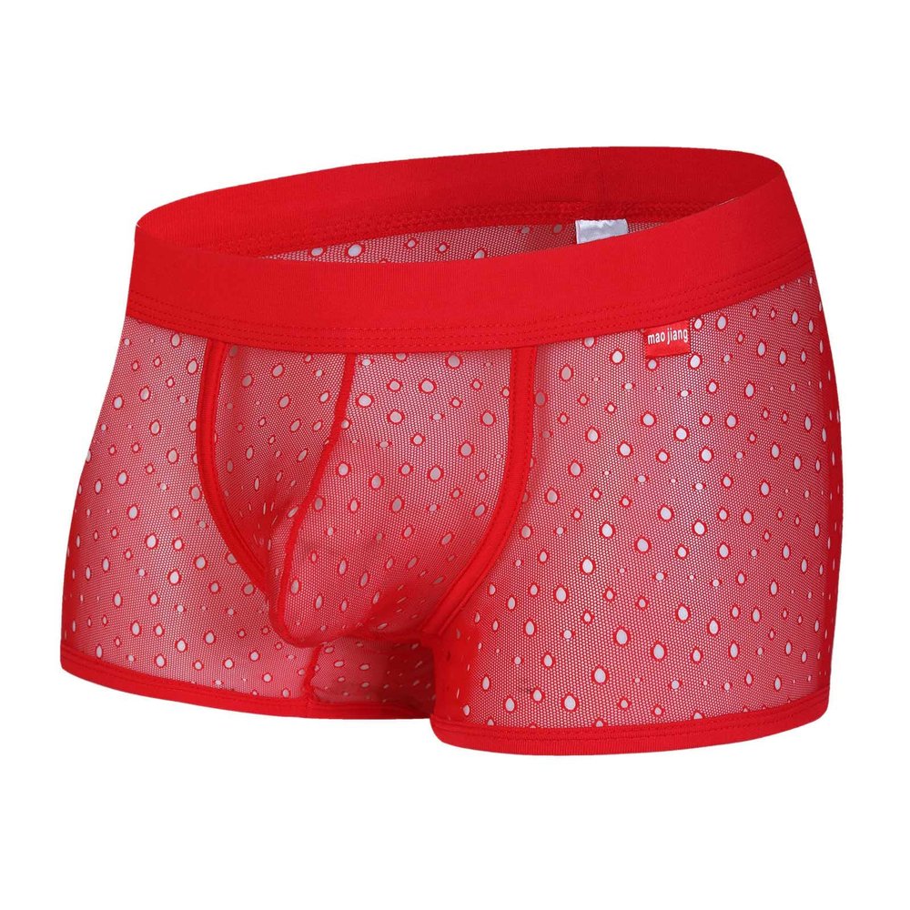 Men's Mesh Boxer Briefs, Sheer Sexy Underwear, Soft Thong, Party Clubwear, Red, S