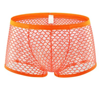 Men's Mesh Boxer Briefs, Sheer Sexy Thong, Orange, Size M