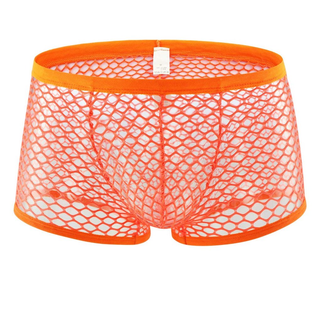 Men's Mesh Boxer Briefs, Sheer Sexy Thong, Orange, Size M