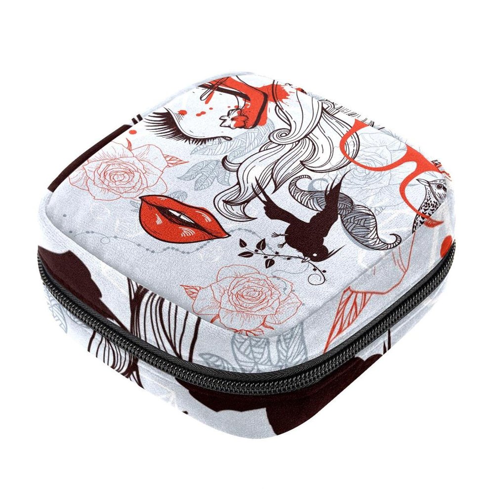 Women's Period Product Storage Bag – Abstract Rose, Flower & Bird Design