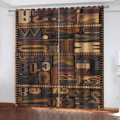 GADULU Blackout Curtains for Boys' and Girls' Rooms, 3D Vintage Letter Art Pattern, Thermal Curtains, 2-Piece Set, 264 × 220 cm (W × H)