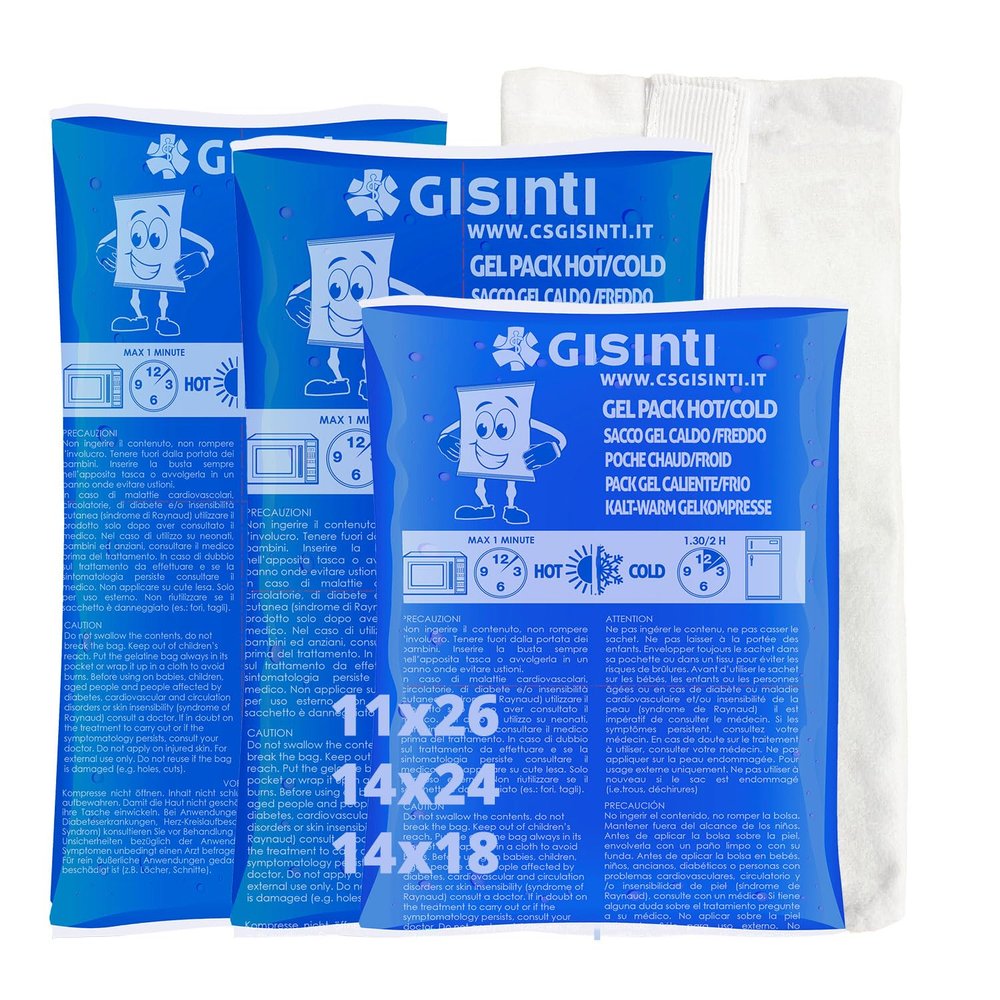 Gisinti Reusable Gel Cold/Hot Pack Set, Made in Italy, Microwave- and Freezer-Safe, with Fabric Pouch (3 Large Pieces)