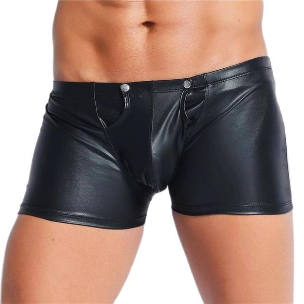 WEITING Men's Sexy Crotchless Shiny Leather Shorts with Zipper, Black, S